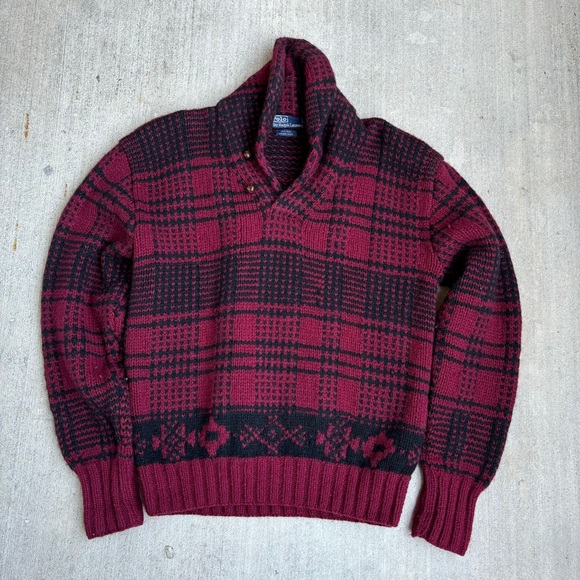 Polo Ralph Lauren Other - Vintage POLO RALPH LAUREN Sweater Shawl Collar Plaid 100% Wool Mens